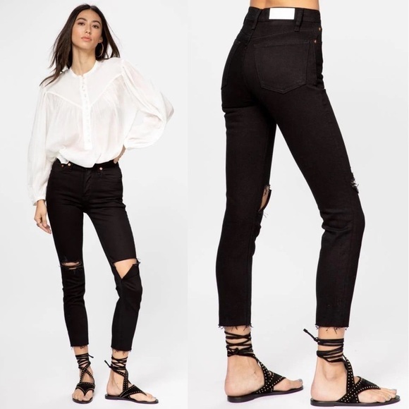 RE/DONE Jean 90s High Rise Ankle Crop Frayed Hole Jet Black With Rips 25 NWT - Picture 1 of 8